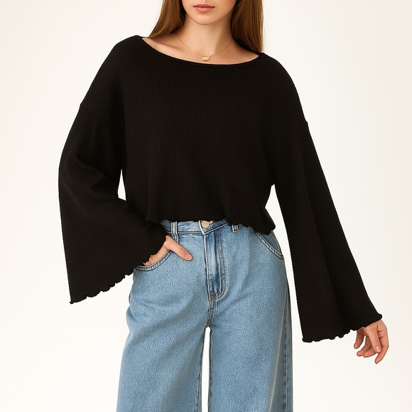 Project Social T Black Bell Sleeve Sweater XS Oversized Lettuce Trim Whimsigoth - Picture 1 of 9